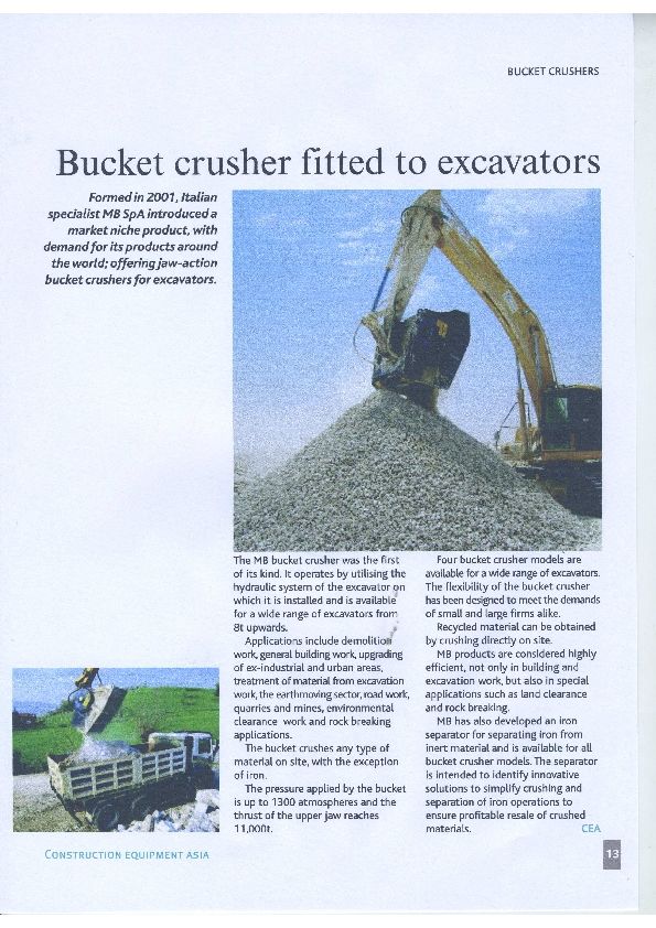 Bucket crusher fitted to excavators